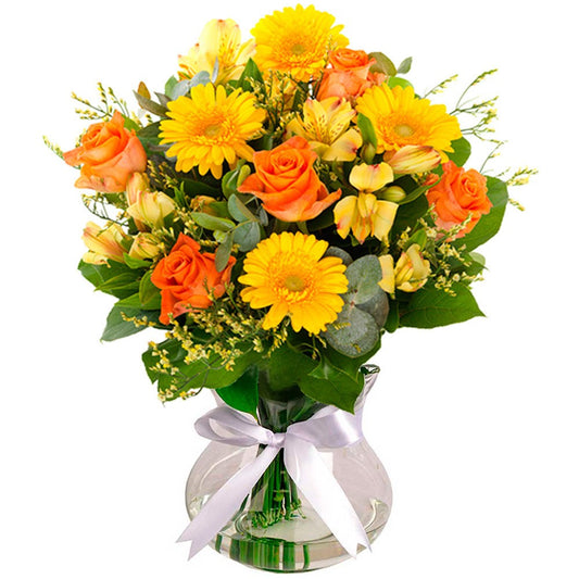 Yellow Flower Symphony Bouquet in Glass Vase