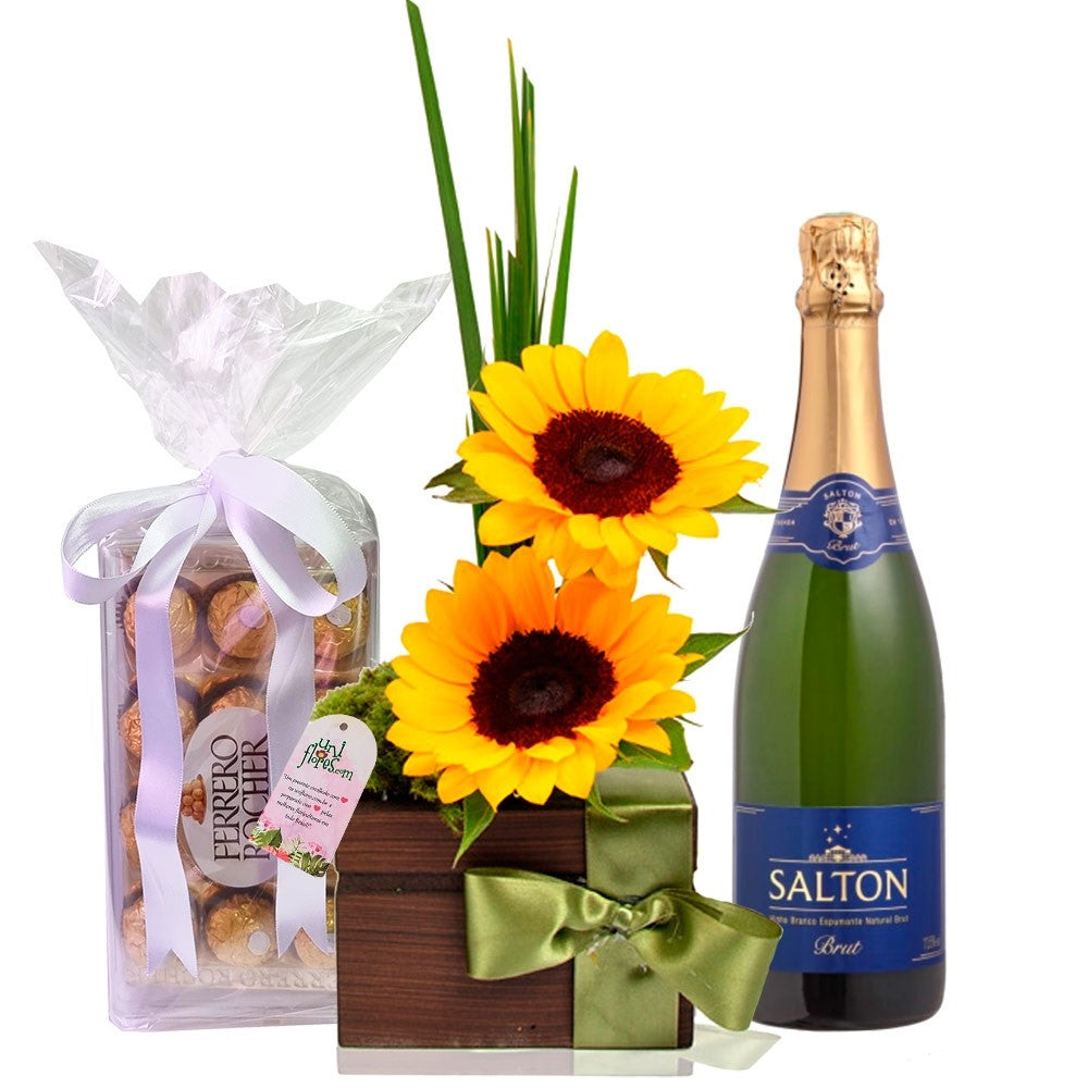 Sunflowers with Chocolates & Sparkling Wine